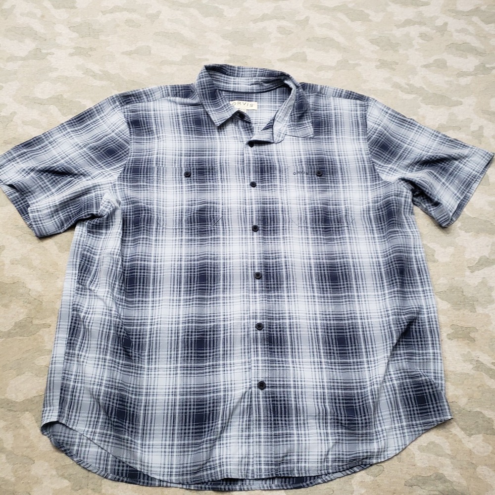 Orvis Shirt Mens 2XL Blue Plaid‎ Short Sleeve Button-Up Outdoors Hiking Work